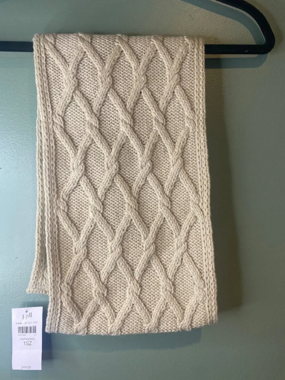 J Jill NWT Cable Knit Scarf Wool Blend Cream Fisherman Knit Cozy Old Money Boho